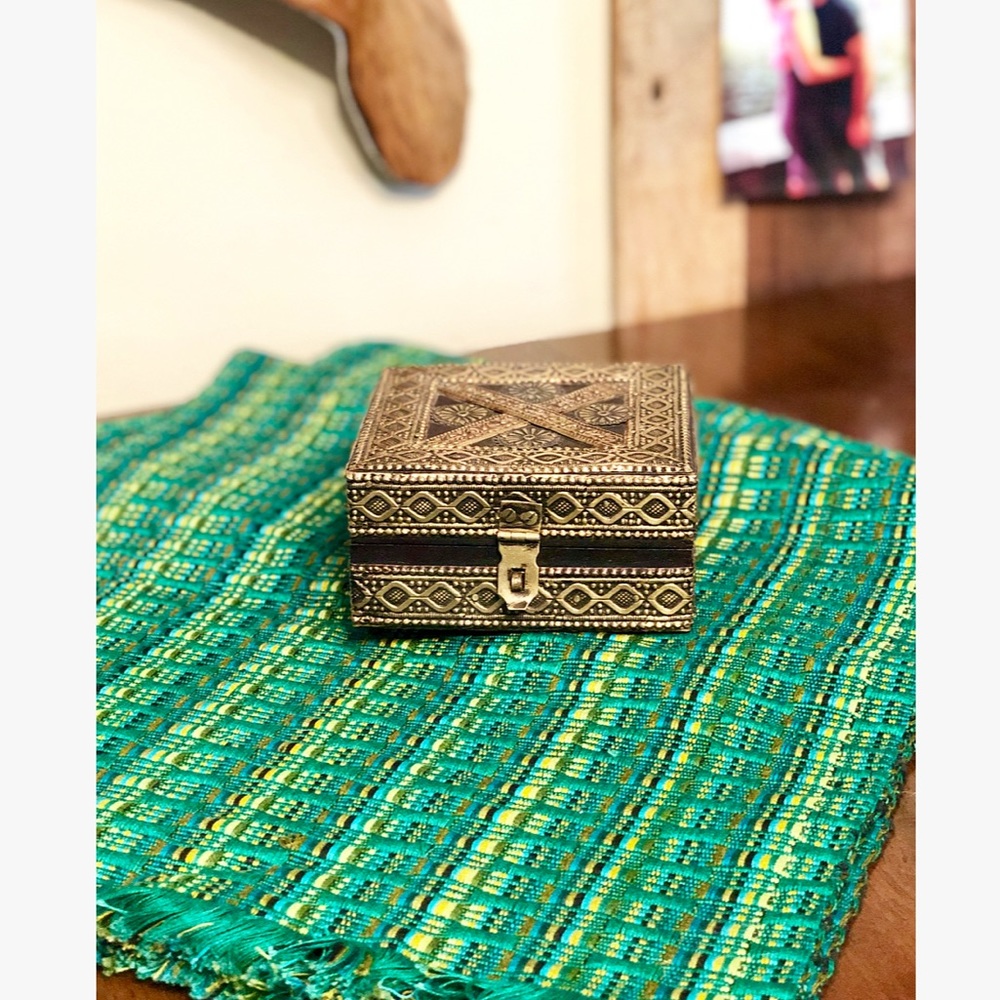 Wooden Boho Artisan Gold Filagree Trinket Box
